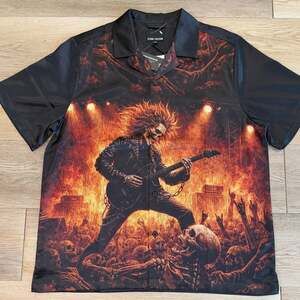Stone Falcon NWT Graphic Button Up Shirt XL Skeleton Guitar Flames Rocker Rock